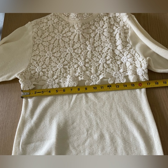 Wool blend women’s ivory/cream sweater with Crotchet Floral Details•••Mock neck - Picture 10 of 10